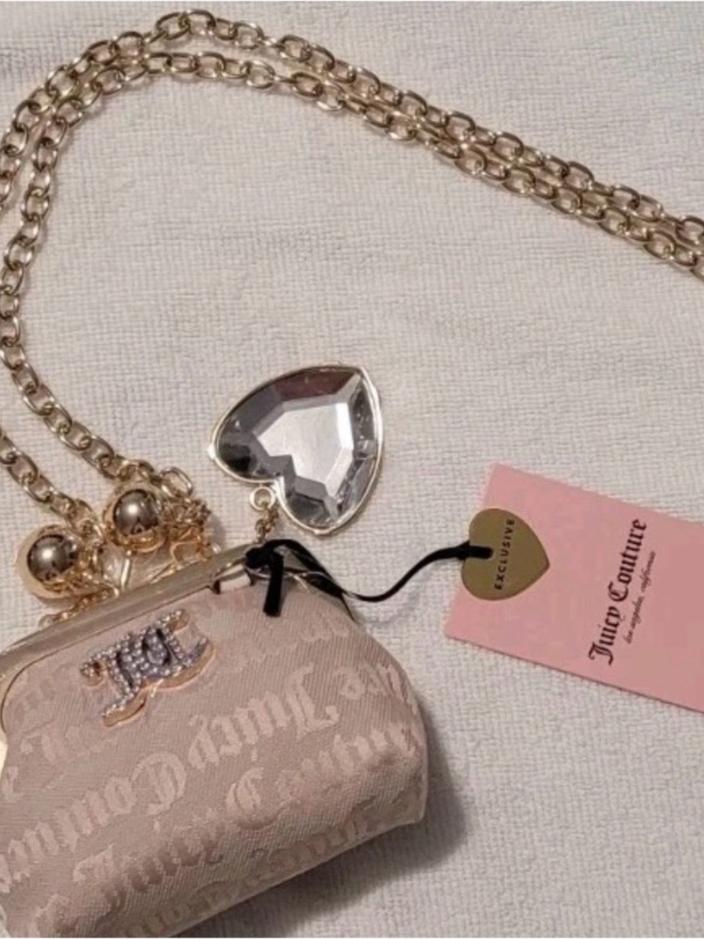 Juicy Couture Exclusive Kiss Lock Coin Purse Gold Chain Strap, Glass Heart Charm